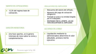  13,5% del ingreso base de
cotización.
MONTO DE COTIZACIONES OBLIGACIONES DEL EMPLEADOR
 Descuenta del salario del afiliado.
 Momento del pago de cotización
obligatorio
 Traslada la suma a la entidad elegida
por el trabajador.
 RESPONDE POR EL APORTE, ASI NO
HAYA DESCONTADO AL EMPLEADO.
 sino hace aportes, se le genera
intereses de mora sobre la renta y
complementarios.
SANCIÓN MORATORIA ACCIONES DE COBRO
 Liquidación mediante la
administradora determine el valor
adeudado, prestara merito
ejecutivo.
Pensiones según la ley 100
 