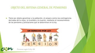 OBJETO DEL SISTEMA GENERAL DE PENSIONES
 Tiene por objeto garantizar a la población, el amparo contra las contingencias
derivadas de la vejez, la invalidez y la muerte, mediante el reconocimiento
de las pensiones y prestaciones que se determinan en la ley.
Pensiones según la ley 100
 