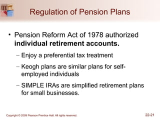 Copyright © 2009 Pearson Prentice Hall. All rights reserved. 22-21
Regulation of Pension Plans
• Pension Reform Act of 1978 authorized
individual retirement accounts.
– Enjoy a preferential tax treatment
– Keogh plans are similar plans for self-
employed individuals
– SIMPLE IRAs are simplified retirement plans
for small businesses.
 