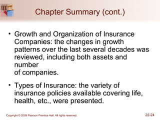 Copyright © 2009 Pearson Prentice Hall. All rights reserved. 22-24
Chapter Summary (cont.)
• Growth and Organization of Insurance
Companies: the changes in growth
patterns over the last several decades was
reviewed, including both assets and
number
of companies.
• Types of Insurance: the variety of
insurance policies available covering life,
health, etc., were presented.
 