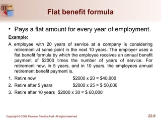 Flat benefit formula
• Pays a flat amount for every year of employment.
Example:
A employee with 20 years of service at a company is considering
retirement at some point in the next 10 years. The employer uses a
flat benefit formula by which the employee receives an annual benefit
payment of $2000 times the number of years of service. For
retirement now, in 5 years, and in 10 years, the employees annual
retirement benefit payment is.
1. Retire now $2000 x 20 = $40,000
2. Retire after 5 years $2000 x 25 = $ 50,000
3. Retire after 10 years $2000 x 30 = $ 60,000
Copyright © 2009 Pearson Prentice Hall. All rights reserved. 22-8
 