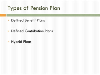 Types of Pension Plan Defined Benefit Plans Defined Contribution Plans Hybrid Plans 