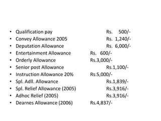 • Qualification pay Rs. 500/-
• Convey Allowance 2005 Rs. 1,240/-
• Deputation Allowance Rs. 6,000/-
• Entertainment Allowance Rs. 600/-
• Orderly Allowance Rs.3,000/-
• Senior post Allowance Rs.1,100/-
• Instruction Allowance 20% Rs.5,000/-
• Spl. Adll. Allowance Rs.1,839/-
• Spl. Relief Allowance (2005) Rs.3,916/-
• Adhoc Relief (2005) Rs.3,916/-
• Dearnes Allowance (2006) Rs.4,837/-
 