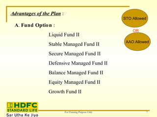Advantages of the Plan  : A .  Fund Option  : Liquid Fund II Stable Managed Fund II Secure Managed Fund II   Defensive Managed Fund II    Balance Managed Fund II   Equity Managed Fund II   Growth Fund II STO Allowed AAO Allowed OR 