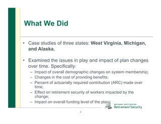 What We Did
•  Case studies of three states: West Virginia, Michigan,
and Alaska.
•  Examined the issues in play and impact of plan changes
over time. Specifically:
–  Impact of overall demographic changes on system membership;
–  Changes in the cost of providing benefits;
–  Percent of actuarially required contribution (ARC) made over
time;
–  Effect on retirement security of workers impacted by the
change;
–  Impact on overall funding level of the plan.
3
 
