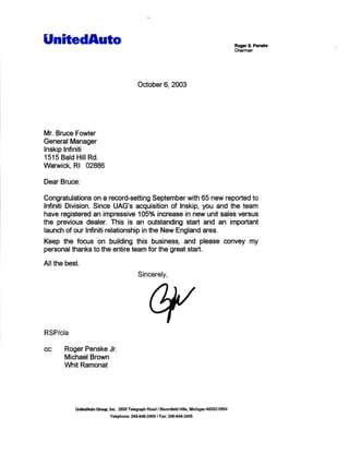 Roger Penske - Letter of Commendation 