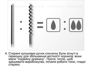 4. Стержні кулькових ручок спочатку були зігнуті в
   гармошку для збільшення місткості чорнила: вони
   мали “подвійну довжину”. Проте, потім, щоб
   здешевити виробництво, почали робити тонкі, гладкі
   стержні.
 