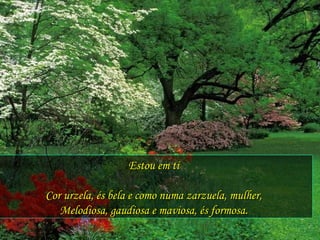 Estou em ti Cor urzela, és bela e como numa zarzuela, mulher, Melodiosa, gaudiosa e maviosa, és formosa. 