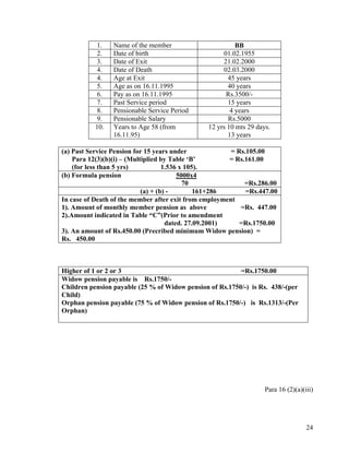 24
1. Name of the member BB
2. Date of birth 01.02.1955
3. Date of Exit 21.02.2000
4. Date of Death 02.03.2000
4. Age at Exit 45 years
5. Age as on 16.11.1995 40 years
6. Pay as on 16.11.1995 Rs.3500/-
7. Past Service period 15 years
8. Pensionable Service Period 4 years
9. Pensionable Salary Rs.5000
10. Years to Age 58 (from
16.11.95)
12 yrs 10 mts 29 days.
13 years
(a) Past Service Pension for 15 years under = Rs.105.00
Para 12(3)(b)(i) – (Multiplied by Table ‘B’ = Rs.161.00
(for less than 5 yrs) 1.536 x 105).
(b) Formula pension 5000x4
70 =Rs.286.00
(a) + (b) - 161+286 =Rs.447.00
In case of Death of the member after exit from employment
1). Amount of monthly member pension as above =Rs. 447.00
2).Amount indicated in Table “C”(Prior to amendment
dated. 27.09.2001) =Rs.1750.00
3). An amount of Rs.450.00 (Precribed minimum Widow pension) =
Rs. 450.00
Higher of 1 or 2 or 3 =Rs.1750.00
Widow pension payable is Rs.1750/-
Children pension payable (25 % of Widow pension of Rs.1750/-) is Rs. 438/-(per
Child)
Orphan pension payable (75 % of Widow pension of Rs.1750/-) is Rs.1313/-(Per
Orphan)
Para 16 (2)(a)(iii)
 