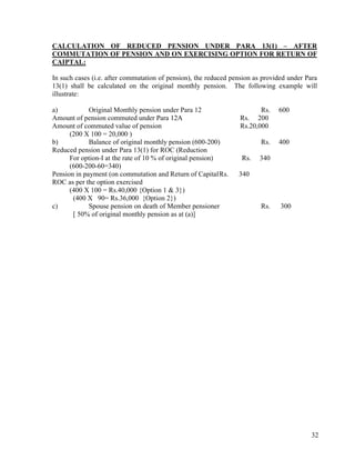 32
CALCULATION OF REDUCED PENSION UNDER PARA 13(1) – AFTER
COMMUTATION OF PENSION AND ON EXERCISING OPTION FOR RETURN OF
CAIPTAL:
In such cases (i.e. after commutation of pension), the reduced pension as provided under Para
13(1) shall be calculated on the original monthly pension. The following example will
illustrate:
a) Original Monthly pension under Para 12 Rs. 600
Amount of pension commuted under Para 12A Rs. 200
Amount of commuted value of pension Rs.20,000
(200 X 100 = 20,000 )
b) Balance of original monthly pension (600-200) Rs. 400
Reduced pension under Para 13(1) for ROC (Reduction
For option-I at the rate of 10 % of original pension) Rs. 340
(600-200-60=340)
Pension in payment (on commutation and Return of CapitalRs. 340
ROC as per the option exercised
(400 X 100 = Rs.40,000 {Option 1 & 3})
(400 X 90= Rs.36,000 {Option 2})
c) Spouse pension on death of Member pensioner Rs. 300
[ 50% of original monthly pension as at (a)]
 