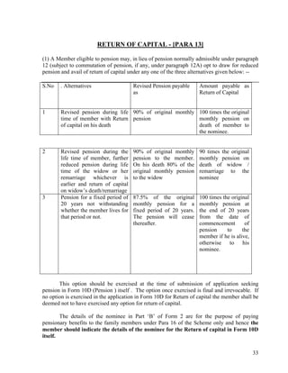 33
RETURN OF CAPITAL - [PARA 13]
(1) A Member eligible to pension may, in lieu of pension normally admissible under paragraph
12 (subject to commutation of pension, if any, under paragraph 12A) opt to draw for reduced
pension and avail of return of capital under any one of the three alternatives given below: --
S.No . Alternatives Revised Pension payable
as
Amount payable as
Return of Capital
1 Revised pension during life
time of member with Return
of capital on his death
90% of original monthly
pension
100 times the original
monthly pension on
death of member to
the nominee.
2 Revised pension during the
life time of member, further
reduced pension during life
time of the widow or her
remarriage whichever is
earlier and return of capital
on widow’s death/remarriage
90% of original monthly
pension to the member.
On his death 80% of the
original monthly pension
to the widow
90 times the original
monthly pension on
death of widow /
remarriage to the
nominee
3 Pension for a fixed period of
20 years not withstanding
whether the member lives for
that period or not.
87.5% of the original
monthly pension for a
fixed period of 20 years.
The pension will cease
thereafter.
100 times the original
monthly pension at
the end of 20 years
from the date of
commencement of
pension to the
member if he is alive,
otherwise to his
nominee.
This option should be exercised at the time of submission of application seeking
pension in Form 10D (Pension ) itself . The option once exercised is final and irrevocable. If
no option is exercised in the application in Form 10D for Return of capital the member shall be
deemed not to have exercised any option for return of capital.
The details of the nominee in Part ‘B’ of Form 2 are for the purpose of paying
pensionary benefits to the family members under Para 16 of the Scheme only and hence the
member should indicate the details of the nominee for the Return of capital in Form 10D
itself.
 
