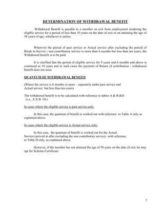 7
DETERMINATION OF WITHDRAWAL BENEFIT
Withdrawal Benefit is payable to a member on exit from employment rendering the
eligible service for a period of less than 10 years on the date of exit or on attaining the age of
58 years of age, whichever is earlier.
Wherever the period of past service or Actual service after excluding the period of
Break in Service / non contributory service is more than 6 months but less than ten years, the
Withdrawal benefit is to be paid.
It is clarified that the period of eligible service for 9 years and 6 months and above is
construed as 10 years and in such cases the payment of Return of contribution / withdrawal
benefit does not arise.
QUANTUM OF WITHDRAWAL BENEFIT
(Where the service is 6 months or more – separately under past service and
Actual service but less than ten years)
The withdrawal benefit is to be calculated with reference to tables A & B &D
(i.e., A X B +D )
In cases where the eligible service is past service only:
In this case, the quantum of benefit is worked out with reference to Table A only as
explained above.
In cases where the eligible service is Actual service only:
In this case, the quantum of benefit is worked out for the Actual
Service (arrived at after excluding the non contributory service) with reference
to Table D only, as explained above.
However, if the member has not attained the age of 58 years on the date of exit, he may
opt for Scheme Certificate.
 