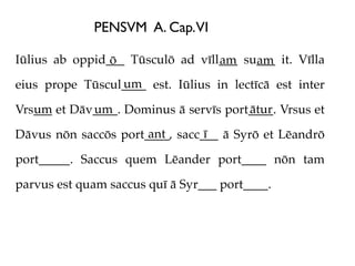PENSVM A. Cap.VI

Iūlius ab oppid___ Tūsculō ad vīll___ su___ it. Vīlla
                ō                 am    am
                 um
eius prope Tūscul____ est. Iūlius in lectīcā est inter
   um        um                         ātur
Vrs___ et Dāv____. Dominus ā servīs port____. Vrsus et
                      ant       ī
Dāvus nōn saccōs port____, sacc___ ā Syrō et Lēandrō

port_____. Saccus quem Lēander port____ nōn tam

parvus est quam saccus quī ā Syr___ port____.
 