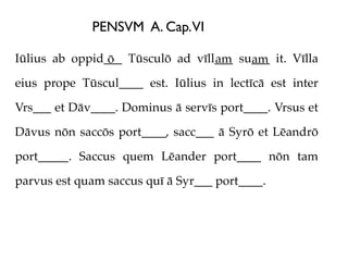 PENSVM A. Cap.VI

Iūlius ab oppid___ Tūsculō ad vīll___ su___ it. Vīlla
                ō                 am    am
eius prope Tūscul____ est. Iūlius in lectīcā est inter

Vrs___ et Dāv____. Dominus ā servīs port____. Vrsus et

Dāvus nōn saccōs port____, sacc___ ā Syrō et Lēandrō

port_____. Saccus quem Lēander port____ nōn tam

parvus est quam saccus quī ā Syr___ port____.
 