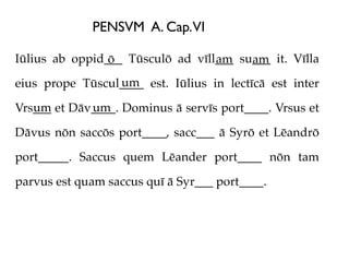 PENSVM A. Cap.VI

Iūlius ab oppid___ Tūsculō ad vīll___ su___ it. Vīlla
                ō                 am    am
                 um
eius prope Tūscul____ est. Iūlius in lectīcā est inter
   um        um
Vrs___ et Dāv____. Dominus ā servīs port____. Vrsus et

Dāvus nōn saccōs port____, sacc___ ā Syrō et Lēandrō

port_____. Saccus quem Lēander port____ nōn tam

parvus est quam saccus quī ā Syr___ port____.
 