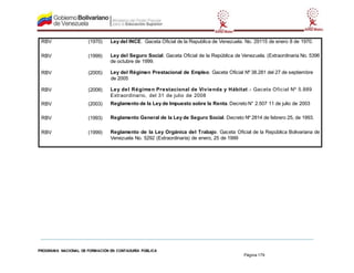 PROGRAMA NACIONAL DE FORMACIÓN EN CONTADURÍA PÚBLICA
Página 179
RBV (1970) Ley del INCE. Gaceta Oficial de la Republica de Venezuela. No. 29115 de enero 8 de 1970.
RBV (1999) Ley del Seguro Social. Gaceta Oficial de la República de Venezuela. (Extraordinaria No. 5396
de octubre de 1999.
RBV (2005) Ley del Régimen Prestacional de Empleo. Gaceta Oficial Nº 38.281 del 27 de septiembre
de 2005
RBV (2008) Ley del Régimen Prestacional de Vivienda y Hábitat.- Gaceta Oficial Nº 5.889
Extraordinario, del 31 de julio de 2008
RBV (2003) Reglamento de la Ley de Impuesto sobre la Renta. Decreto N° 2.507 11 de julio de 2003
RBV (1993) Reglamento General de la Ley de Seguro Social. Decreto Nº 2814 de febrero 25, de 1993.
RBV (1999) Reglamento de la Ley Orgánica del Trabajo. Gaceta Oficial de la República Bolivariana de
Venezuela No. 5292 (Extraordinaria) de enero, 25 de 1999
 