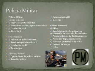    Policía Militar                             3) Criminalística III
   Quinto Semestre                             4) Derecho II
   1) Tactica de policía militar I
   2) Disturbios civiles y agentes químicos    Octavo Semestre
   3) criminalística I                         1) DICA
   4) Derecho I                                2) Administración de unidades y
                                                preparación de ejercicio de campaña
   Sexto Semestre                              3) Procedimientos de destacamentos
   1) Pelotón de policía militar               4) Nociones de planas mayores
   2) Tactica de policía militar II            5) Ejercicio profesional de arma
   3) criminalística II                        6) Lectura de mapas
   4) Equitación                               7) Líder

 Séptimo Semestre
 1) Operaciones de policía militar
 2) Transito militar
 