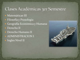  Matemáticas III
 Filosofía y Praxologia
 Geografía Económica y Humana
 Derecho II
 Derecho Humano II
 ADMINISTRACION I
 Ingles Nivel II
 