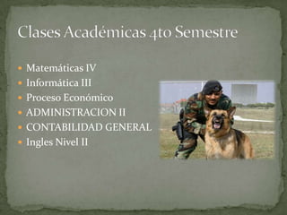  Matemáticas IV
 Informática III
 Proceso Económico
 ADMINISTRACION II
 CONTABILIDAD GENERAL
 Ingles Nivel II
 