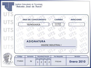 SEGURIDAD
INDUSTRIAL
7732824 IV 1 2 7732143
HIGIENE INDUSTRIAL I
TECNOLOGICA
2 0
 