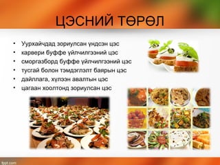 ЦЭСНИЙ ТӨРӨЛ
• Уурхайчдад зориулсан үндсэн цэс
• карвери буффе үйлчилгээний цэс
• сморгазборд буффе үйлчилгээний цэс
• тусгай болон тэмдэглэлт баярын цэс
• дайллага, хүлээн авалтын цэс
• цагаан хоолтонд зориулсан цэс
 