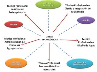 LINEAS  TECNOLÓGICAS Técnico Profesional en Atención Prehospitalaria  Técnico Profesional en Diseño de Joyas Técnico Profesional Procesos Químicos Industriales Técnico Profesional Administración de Empresas Agropecuarias Técnico Profesional en Diseño e Integración de Multimedia CLIENTE DISEÑO PRODUCCIÓN Y  TRANSFORMACIÓN MATERIALES  HERRAMIENTAS GESTIÓN DE LA INFORMACIÓN 