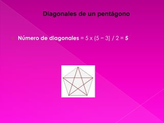 Diagonales de un pentágono


   Número de diagonales = 5 x (5 − 3) / 2 = 5
 