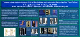Case 2: 5 y/o ♂ with Ollier’s disease Case 1: 14 y/o ♂ with tibial hemimelia Pentagon Intraarticular Osteotomy: A Novel Surgical Approach to Complex Deformity of the Tibial Plafond J. George DeVries, DPM; Dror Paley, MD, FRCSC Rubin Institute for Advanced Orthopedics – Sinai Hospital, Baltimore, Maryland Introduction :  Proximal migration of the fibula leads to lateral talar shift and subsequent ankle joint degeneration 1,2 . In children, the physis of the distal fibula should be at the level of the ankle joint line. Chronic proximal migration with lateral talar shift leads to a V-shaped joint surface of the plafond and a space between the medial malleolus and the talus. The talus comes to rest upon the proximally migrated lateral malleolus. The purpose of this study is to describe a new intra-articular osteotomy to realign the ankle joint and foot.   Methods :  Three Paley-Pentagon osteotomies were performed in the past two years. Patients were followed at an average of 12.3 +/- 7.6 months.  Subjective and objective findings were recorded from chart review. Surgical Procedure :  The proximal cut of the osteotomy is made perpendicular to the tibia. The two distal cuts are made parallel to their respective parts of the tibial plafond. A middle split is made into the plafond and wedged open to make the medial and lateral parts of the plafond parallel. The distance between the proximal cut and the lateral cut is the amount of shortening of the fibula relative to the ankle joint. The segment of bone removed from the tibia looks like a pentagon. Literature Review : Ankle joint pathology has been dealt with by using joint destructive procedures such as ankle arthrodesis or arthroplasty if there is significant arthrosis, 3,4  or by corrective supramalleolar osteotomies if there is remaining healthy joint space. 2,5  Supramalleolar osteotomies are unable to address intra-articular pathology. Intra-articular osteotomies have been described for the hip and knee joints. 2   Recently, Bluman and Chiodo suggest a lateral distal tibial opening osteotomy may be used to restore intra-articular congruity of the ankle, and describe a technique to do so through a fibular door with bone grafting and internal fixation, but do not report on their results. 6  This is the first report of an intra-articular supramalleolar osteotomy to reconstruct the ankle joint.   Results : All cases resulted in improved radiographic angles, stability of the ankle joint, and function of the foot and ankle.  Patients were satisfied with the outcomes of the procedure.  Case 1 had required a brace prior to the osteotomy, but not afterward.  Case 3 is currently involved in cheerleading. There was a decrease in pain in all cases; however there was also a decrease in ankle ROM.  Discussion :  This comprehensive osteotomy is capable of addressing multiple complex deformities at the ankle and within the joint in a single surgery.  In the short term follow-up of these patients there has been improved function and decreased deformity without performing a joint destructive procedure. References : 1) Yablon IG, Heller FG, Shouse L. The fey role of the lateral malleolus in displaced fractures of the ankle. JBJS-Am. 59:169-73, 1977. 2) Paley D.  Principles of Deformity Correction  1st Ed. Springer-Verlag Berlin, Germany. 2002. 3) Holt ES, Hansen ST, Mayo KA, Sangeorzan BJ.  Ankle arthrodesis using internal screw fixation.  Clin Orthop Relat Res. 268:21-8, 1991. 4) Knecht SI, Estin M, Callaghan JJ, Zimmerman MB, Alliman KJ, Alvine FG, Saltzman CL. The Agility total ankle arthroplasty. Seven to sixteen-year follow-up. J Bone Joint Surg Am. 86-A:1161-71, 2004. 5) Harstall R, Lehmann O, Krause F, Weber M.  Supramalleolar lateral closing wedge osteotomy for the treatment of varus ankle arthrosis. Foot Ankle Int. 28:542-8, 2007. 6) Bluman EM, Chiodo CP. Valgus ankle deformity and arthritis. Foot Ankle Clin N Am. 13:443-470, 2008. . Pre-operative clinical picture of hindfoot valgus Pre-operative radiographs show intra-articular deformity of the tibial plafond Intraoperative radiograph demonstrating subtractive nature of the osteotomy.  The medial portion will be rotated inferiorly to re-establish the medial malleolus Post-operative clinical picture of corrected hindfoot valgus, taken prior to leg lengthening Final ankle radiographs taken at 19 months postoperatively shows improved ankle architecture and stability, with bony healing of all osteotomies Pre-operative clinical picture of hindfoot valgus Pre-operative radiographs show intra-articular deformity of the tibial plafond as well as proximal malalignment Intraoperative radiograph shows subtractive nature of the osteotomy.  Again, the medial portion will be rotated inferiorly to re-establish the medial malleolus Postoperative clinical picture of corrected hindfoot valgus. Notice genu valgum which was later corrected Final radiographs taken at 12 months, prior to lengthening and deformity correction of left femur and tibia.  Case 3: 13 y/o ♀ with history of chainsaw trauma to ankle Preoperative radiograph and CT scan shows the intra-articular nature of the deformity. Notice the fibular nonunion. Intraoperative radiograph after all fragments are reduced prior to fixation Radiograph at 6 months postoperatively showing restoration of calcaneal valgus and hardware placement Illustration demonstrating the basic principle behind the pentagon osteotomy 6 scar irritation 95 72 90 80 3: KP 12 superficial wound slough 80 90 N/A N/A 2: ER 19 none 70 85 76 95 1: JC F/U months Complications Post-op LDTA Post-op ADTA Pre-op LDTA Pre-op ADTA Pt 