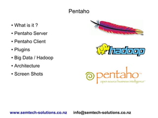 Pentaho
● What is it ?
● Pentaho Server
● Pentaho Client
● Plugins
● Big Data / Hadoop
● Architecture
● Screen Shots
www.semtech-solutions.co.nz info@semtech-solutions.co.nz
 