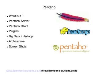 Pentaho


What is it ?



Pentaho Server



Pentaho Client



Plugins



Big Data / Hadoop



Architecture



Screen Shots

www.semtech-solutions.co.nzinfo@semtech-solutions.co.nz

 