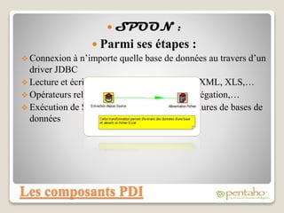 Les composants PDI
 SPOON :
 Parmi ses étapes :
 Connexion à n’importe quelle base de données au travers d’un
driver JDBC
 Lecture et écriture dans des fichiers de type XML, XLS,…
 Opérateurs relationnels tel que : Jointure, agrégation,…
 Exécution de SQL directe ou appel de procédures de bases de
données
 