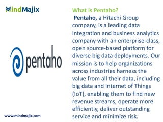 www.mindmajix.com
What is Pentaho?
Pentaho, a Hitachi Group
company, is a leading data
integration and business analytics
company with an enterprise-class,
open source-based platform for
diverse big data deployments. Our
mission is to help organizations
across industries harness the
value from all their data, including
big data and Internet of Things
(IoT), enabling them to find new
revenue streams, operate more
efficiently, deliver outstanding
service and minimize risk.
 