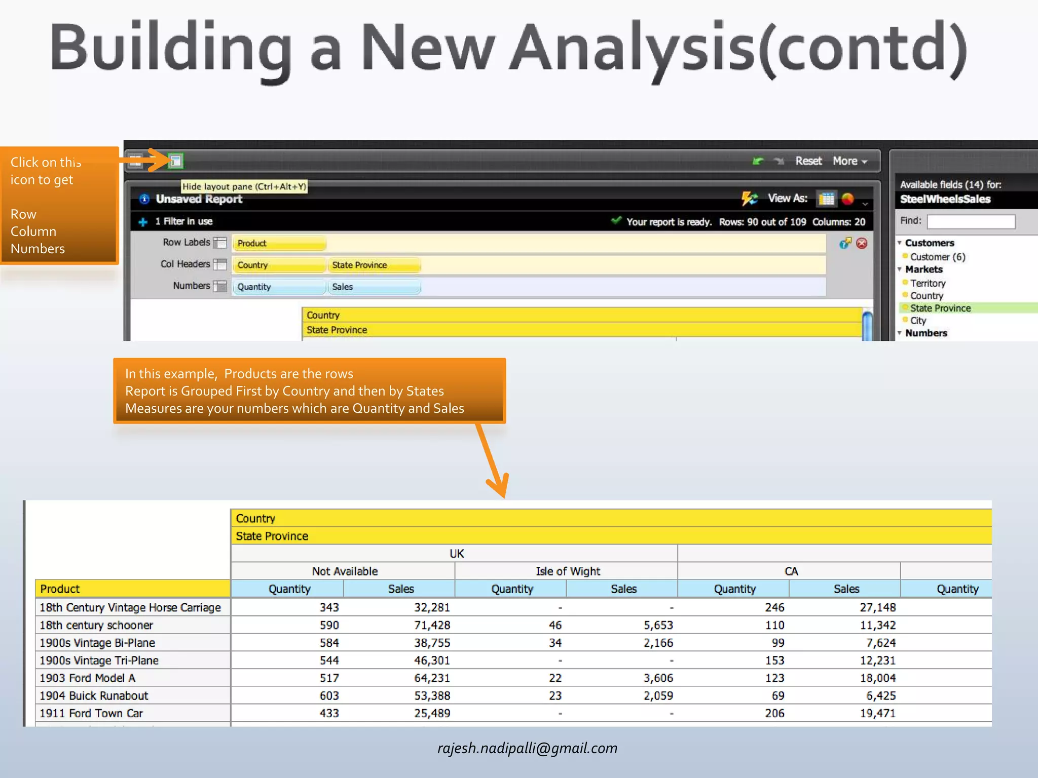 Click on this
icon to get

Row
Column
Numbers




                In this example, Products are the rows
                Report is Grouped First by Country and then by States
                Measures are your numbers which are Quantity and Sales




                                                                 rajesh.nadipalli@gmail.com
 