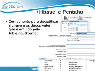    
+Hbase e Pentaho
● Componente para decodificar
a chave e os dados valor
que é emitido pelo
TableInputFormat
 