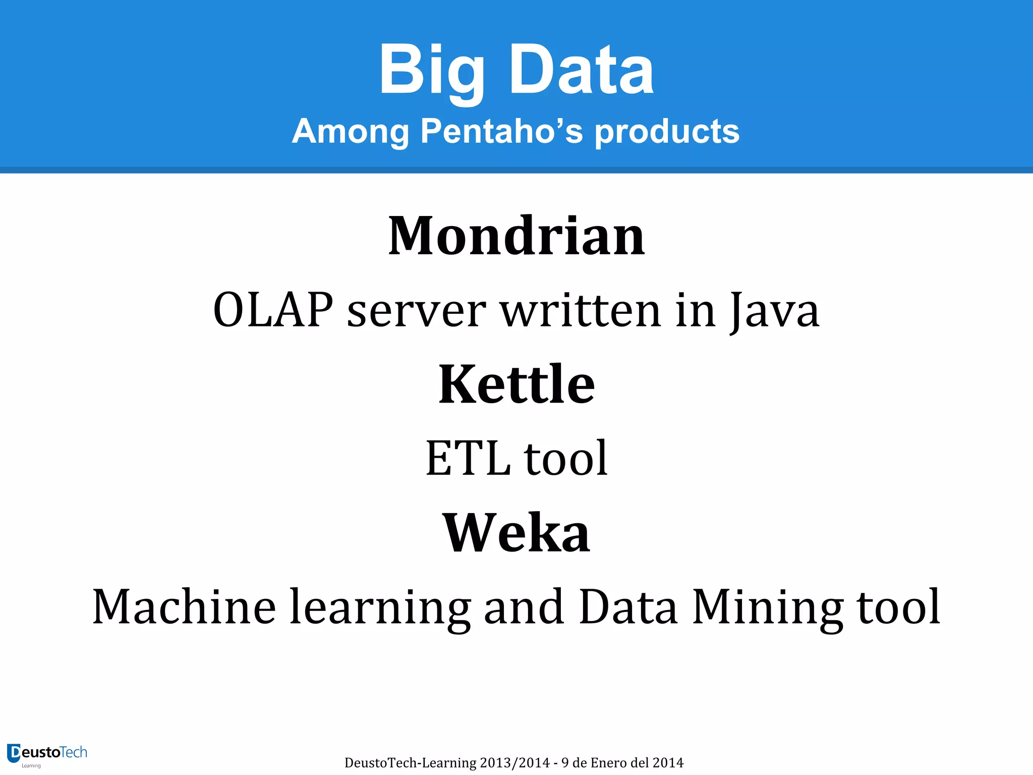 Big Data
Among Pentaho’s products

Mondrian
OLAP server written in Java

Kettle
ETL tool

Weka
Machine learning and Data Mining tool
DeustoTech-Learning 2013/2014 - 9 de Enero del 2014

 