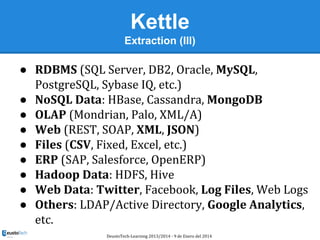 Kettle
Extraction (III)

● RDBMS (SQL Server, DB2, Oracle, MySQL,
PostgreSQL, Sybase IQ, etc.)
● NoSQL Data: HBase, Cassan...