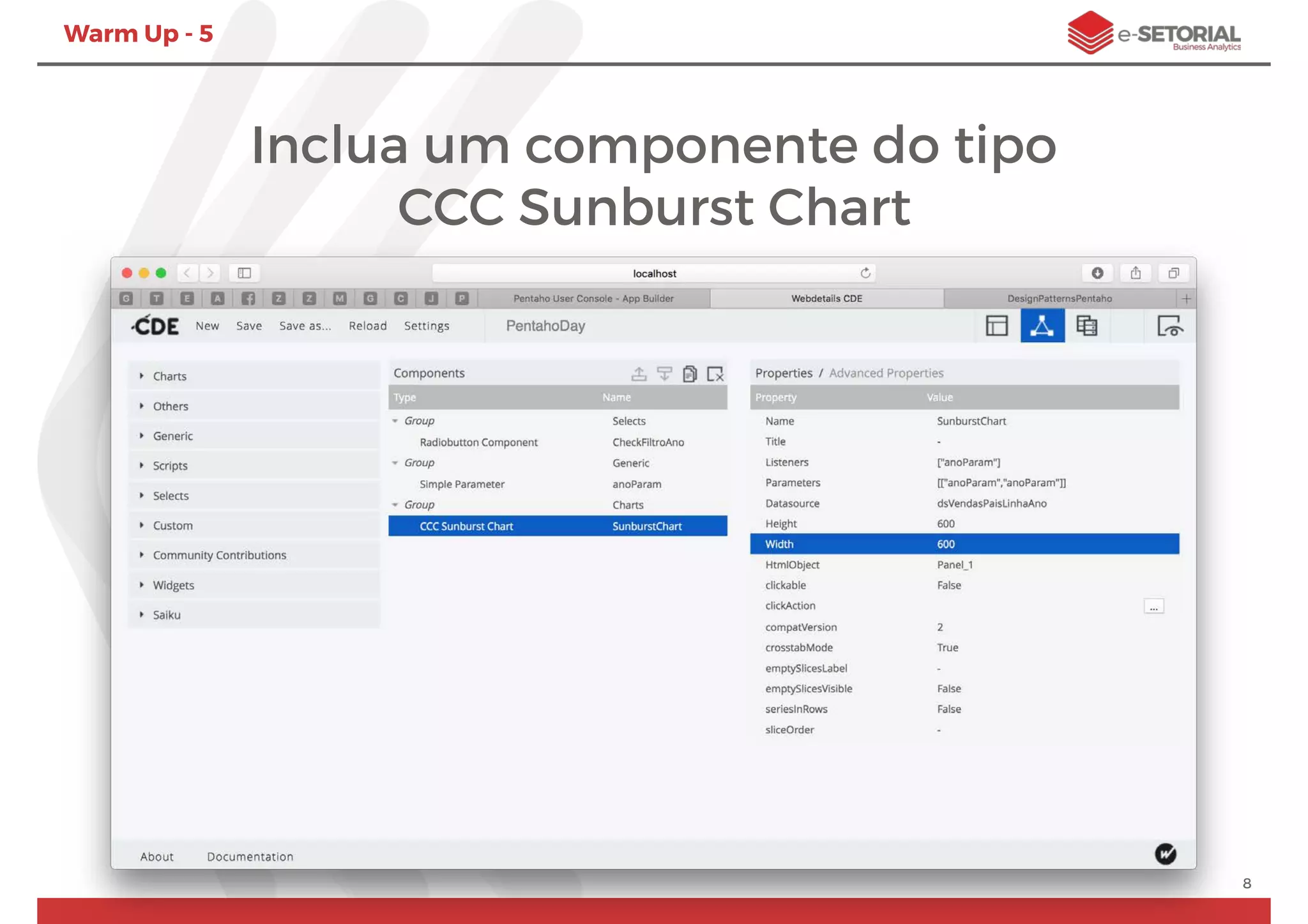 Warm Up - 5
8
Inclua um componente do tipo
CCC Sunburst Chart
 