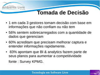    
Tomada de Decisão
● 1 em cada 3 gestores tomam decisão com base em
informações que não confiam ou não tem
● 56% sentem sobrecarregados com a quantidade de
dados que gerenciam
● 60% acreditam que precisam melhorar captura e
entender informações rapidamente.
● 83% apontam que BI & analytics fazem parte de
seus planos para aumentar a competitividade
fonte : Survey KPMG.
 