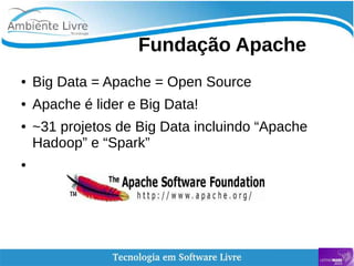    
Fundação Apache
● Big Data = Apache = Open Source
● Apache é lider e Big Data!
● ~31 projetos de Big Data incluindo “Apache
Hadoop” e “Spark”
●
 