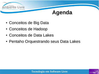 Agenda
● Conceitos de Big Data
● Conceitos de Hadoop
● Conceitos de Data Lakes
● Pentaho Orquestrando seus Data Lakes
 