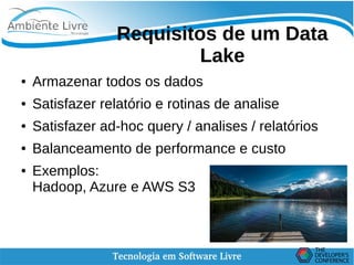    
Requisitos de um Data
Lake
● Armazenar todos os dados
● Satisfazer relatório e rotinas de analise
● Satisfazer ad-hoc query / analises / relatórios
● Balanceamento de performance e custo
● Exemplos:
Hadoop, Azure e AWS S3
 