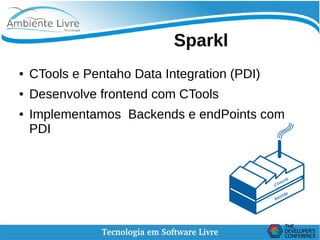    
Sparkl
● CTools e Pentaho Data Integration (PDI)
● Desenvolve frontend com CTools
● Implementamos Backends e endPoints com
PDI
 