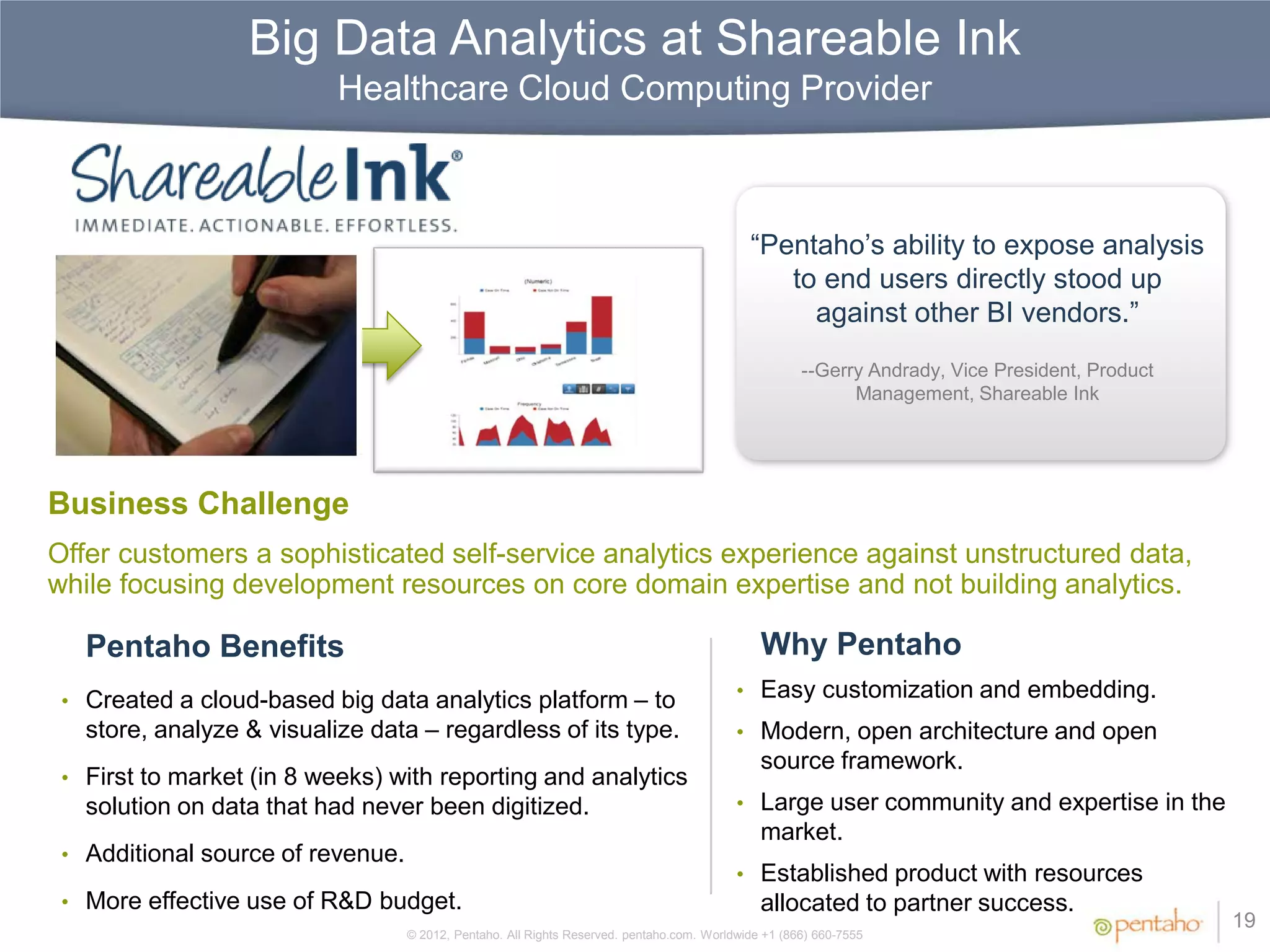 Big Data Analytics at Shareable Ink
                           Healthcare Cloud Computing Provider



                                                                                             “Pentaho’s ability to expose analysis
                                                                                                to end users directly stood up
                                                                                                  against other BI vendors.”
                                                                                                      --Gerry Andrady, Vice President, Product
                                                                                                            Management, Shareable Ink




Business Challenge
Offer customers a sophisticated self-service analytics experience against unstructured data,
while focusing development resources on core domain expertise and not building analytics.

   Pentaho Benefits                                                                            Why Pentaho
 • Created a cloud-based big data analytics platform – to                                  • Easy customization and embedding.
   store, analyze & visualize data – regardless of its type.                               • Modern, open architecture and open
                                                                                               source framework.
 • First to market (in 8 weeks) with reporting and analytics
   solution on data that had never been digitized.                                         • Large user community and expertise in the
                                                                                               market.
 • Additional source of revenue.
                                                                                           • Established product with resources
 • More effective use of R&D budget.                                                           allocated to partner success.
                                                                                                                                                 19
                                   © 2012, Pentaho. All Rights Reserved. pentaho.com. Worldwide +1 (866) 660-7555
 