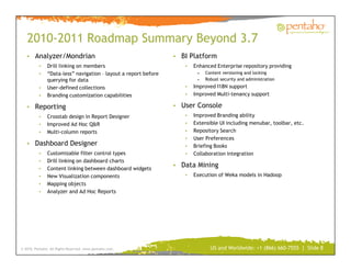 2010-2011 Roadmap Summary Beyond 3.7
   • Analyzer/Mondrian                                           • BI Platform
          •    Drill linking on members                             •   Enhanced Enterprise repository providing
          •    “Data-less” navigation – layout a report before           •   Content versioning and locking
               querying for data                                         •   Robust security and administration
          •    User-defined collections                             •   Improved I18N support
          •    Branding customization capabilities                  •   Improved Multi-tenancy support

   • Reporting                                                   • User Console
          •    Crosstab design in Report Designer                   •   Improved Branding ability
          •    Improved Ad Hoc Q&R                                  •   Extensible UI including menubar, toolbar, etc.
          •    Multi-column reports                                 •   Repository Search
                                                                    •   User Preferences
   • Dashboard Designer                                             •   Briefing Books
          •    Customizable filter control types                    •   Collaboration integration
          •    Drill linking on dashboard charts
                                                                 • Data Mining
          •    Content linking between dashboard widgets
          •    New Visualization components                         •   Execution of Weka models in Hadoop
          •    Mapping objects
          •    Analyzer and Ad Hoc Reports




© 2010, Pentaho. All Rights Reserved. www.pentaho.com.                         US and Worldwide: +1 (866) 660-7555 | Slide 8
 