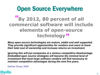 Open Source Everywhere
      “By 2012, 80 percent of all
 commercial software will include
    elements of open-source
          technology                            ”
Many open-source technologies are mature, stable and well supported.
They provide significant opportunities for vendors and users to lower
their total cost of ownership and increase returns on investment.

Ignoring this will put companies at a serious competitive disadvantage.
Embedded open source strategies will become the minimal level of
investment that most large software vendors will find necessary to
maintain competitive advantages during the next five years.
Gartner Group, 2008


                                                                          12
 