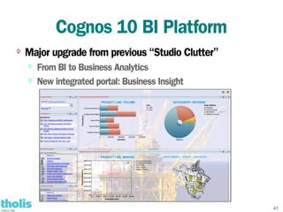 Cognos 10 BI Platform
⇨   Major upgrade from previous “Studio Clutter”
    ⇨
        From BI to Business Analytics
    ⇨
        New integrated portal: Business Insight




                                                   41
 