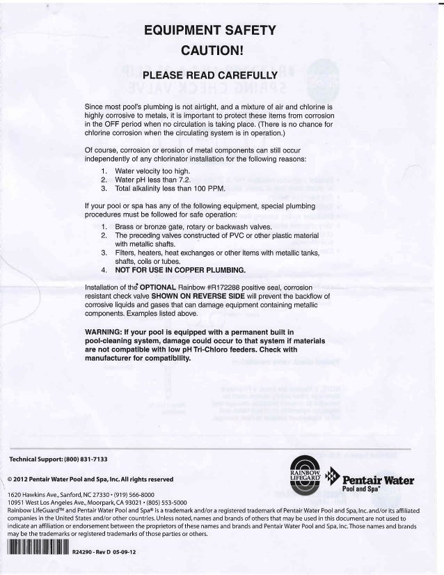 Pentair 320 Chlorinator Manual