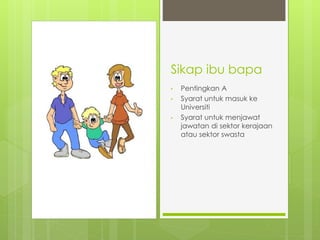 Sikap ibu bapa
• Pentingkan A
• Syarat untuk masuk ke
Universiti
• Syarat untuk menjawat
jawatan di sektor kerajaan
atau sektor swasta
 