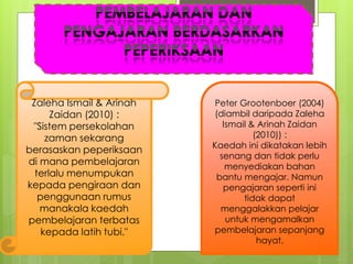 Zaleha Ismail & Arinah
Zaidan (2010) :
"Sistem persekolahan
zaman sekarang
berasaskan peperiksaan
di mana pembelajaran
terlalu menumpukan
kepada pengiraan dan
penggunaan rumus
manakala kaedah
pembelajaran terbatas
kepada latih tubi."
Peter Grootenboer (2004)
(diambil daripada Zaleha
Ismail & Arinah Zaidan
(2010)) :
Kaedah ini dikatakan lebih
senang dan tidak perlu
menyediakan bahan
bantu mengajar. Namun
pengajaran seperti ini
tidak dapat
menggalakkan pelajar
untuk mengamalkan
pembelajaran sepanjang
hayat.
 