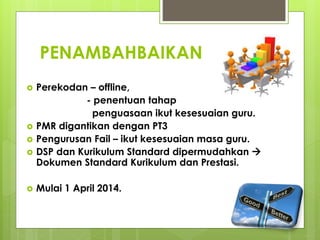 PENAMBAHBAIKAN
 Perekodan – offline,
- penentuan tahap
penguasaan ikut kesesuaian guru.
 PMR digantikan dengan PT3
 Pengurusan Fail – ikut kesesuaian masa guru.
 DSP dan Kurikulum Standard dipermudahkan 
Dokumen Standard Kurikulum dan Prestasi.
 Mulai 1 April 2014.
 